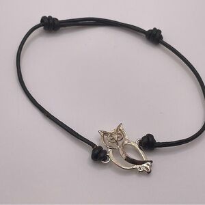 925 Sterling Silver Owl Leather Cord Bracelet Adjustable Boho Bird Charm